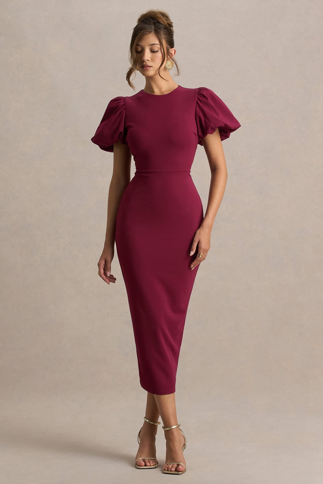 Burgundy Midi Dress with Puffed Short Sleeves — Trendy Burgundy Dress Outfit