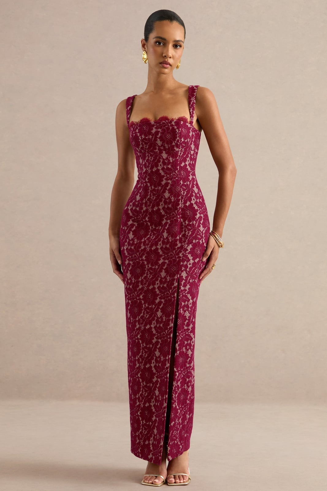 Burgundy Lace Sheath Dress with Scalloped Neckline — Trendy Burgundy Dress Outfit