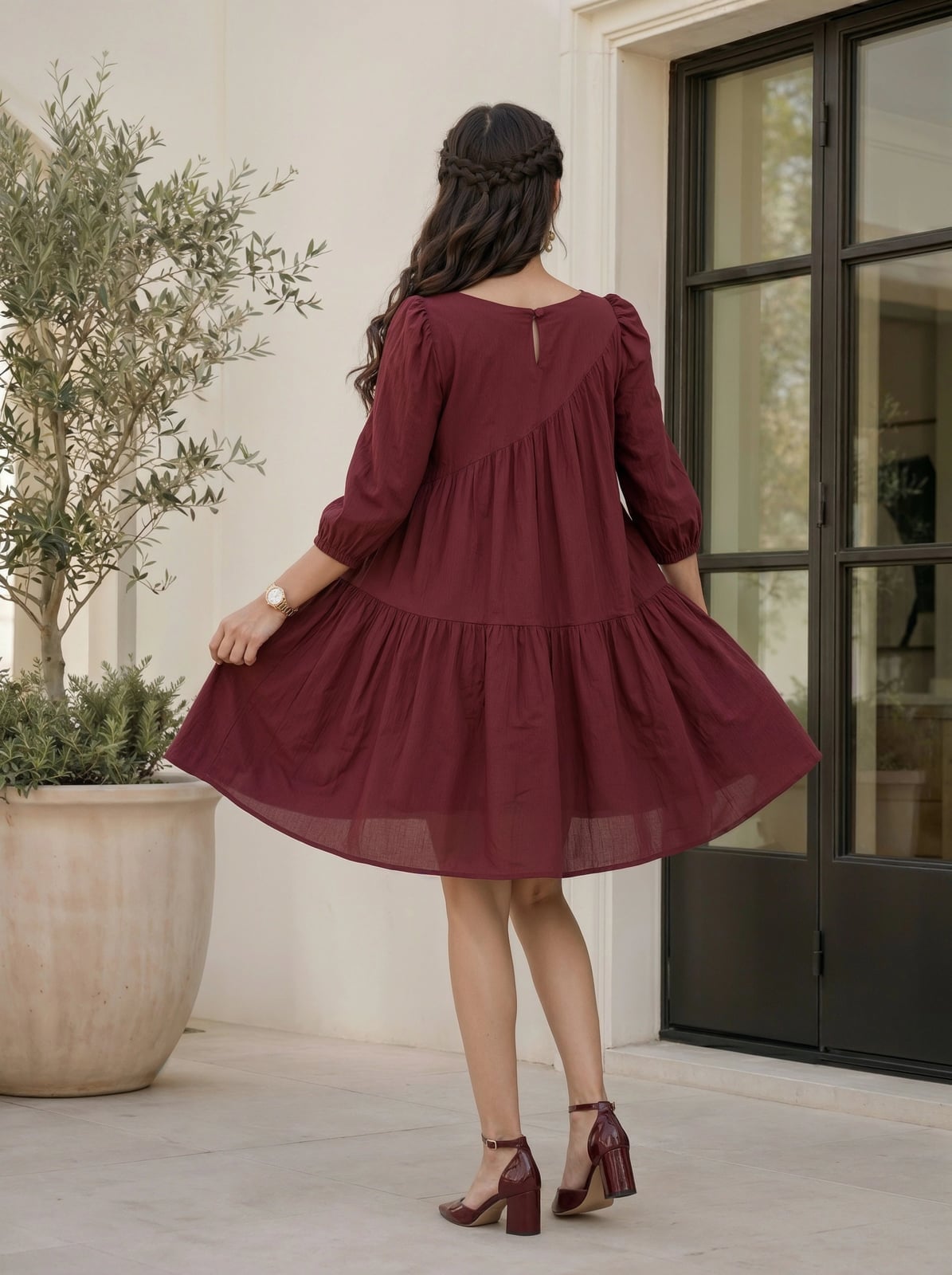 Burgundy Smock Dress with Tiered Flared Skirt — Trendy Burgundy Dress Outfit