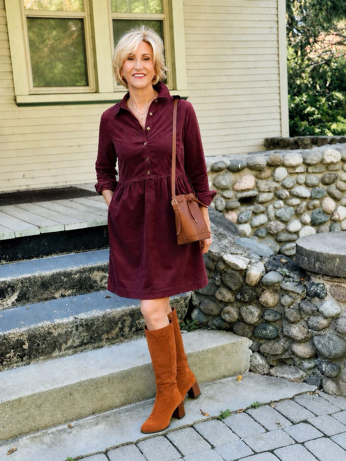 Burgundy Corduroy Long-Sleeved Shirt Dress — Trendy Burgundy Dress Outfit
