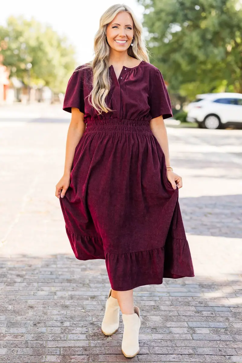 Burgundy Corduroy Midi Dress with Flutter Sleeves — Trendy Burgundy Dress Outfit