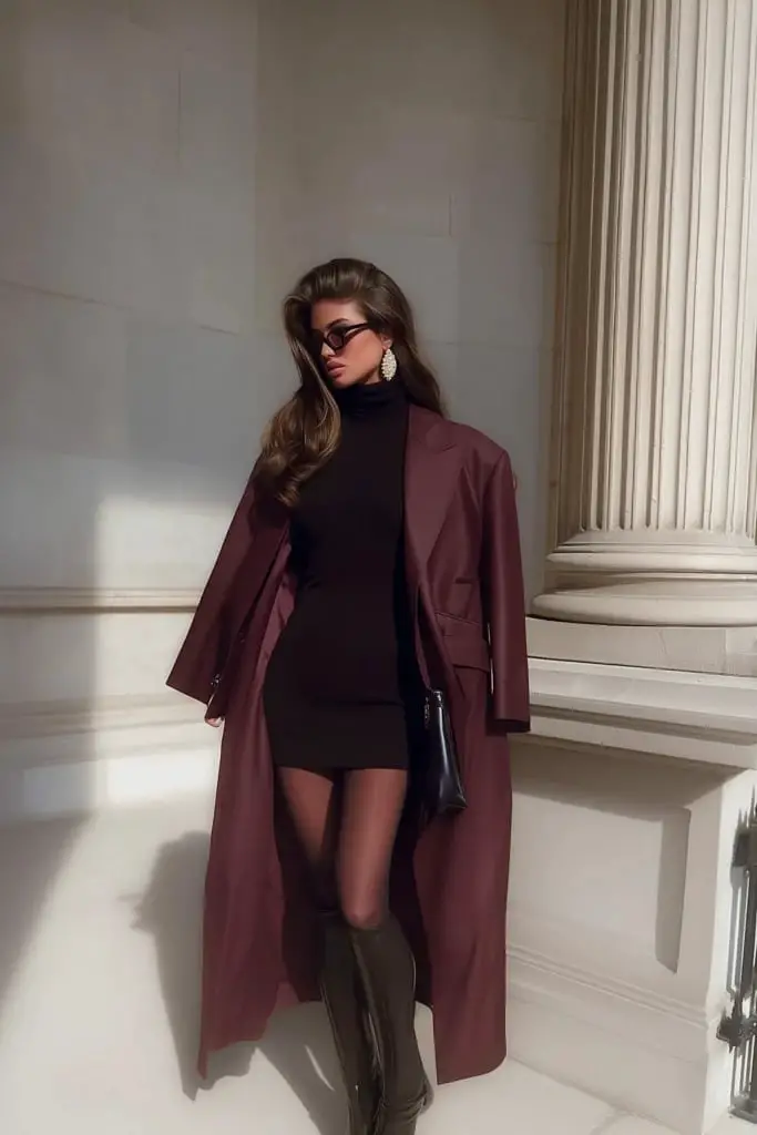 Fitted Burgundy Turtleneck Mini Dress with Oversized Trench Coat — Trendy Burgundy Dress Outfit