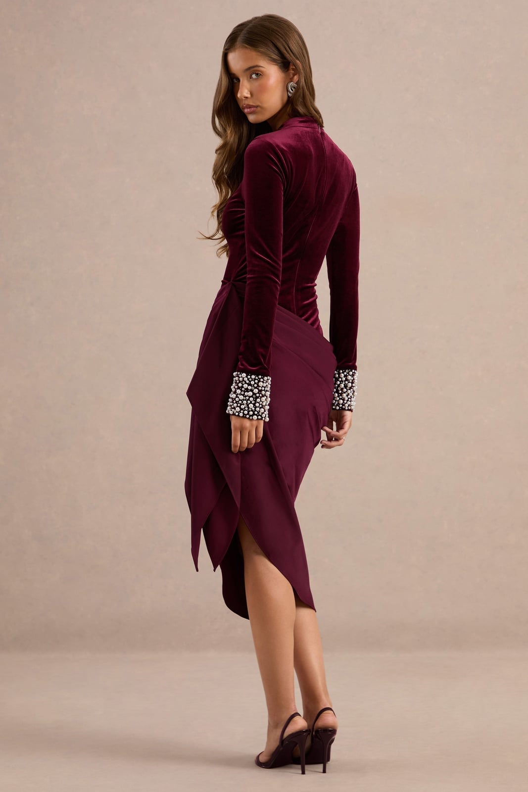 Burgundy Velvet Top and Asymmetric Skirt with Pearl Embellishments — Trendy Burgundy Dress Outfit