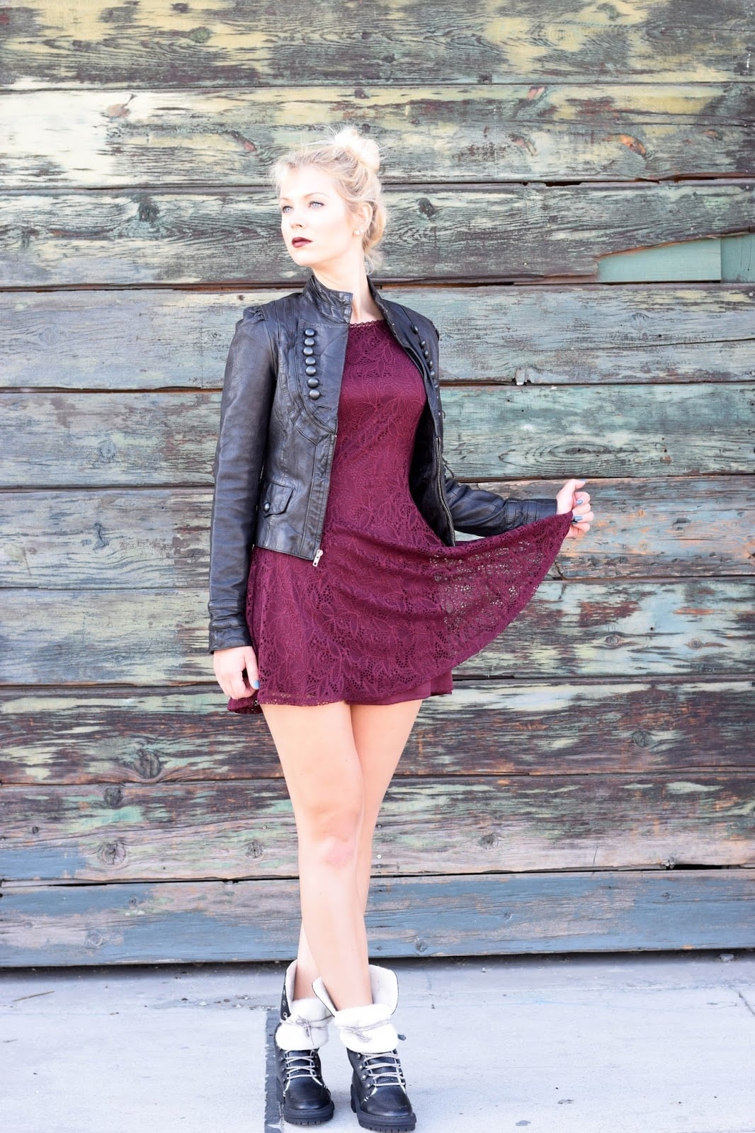 Short Burgundy Lace Dress Under Black Leather Jacket — Trendy Burgundy Dress Outfit