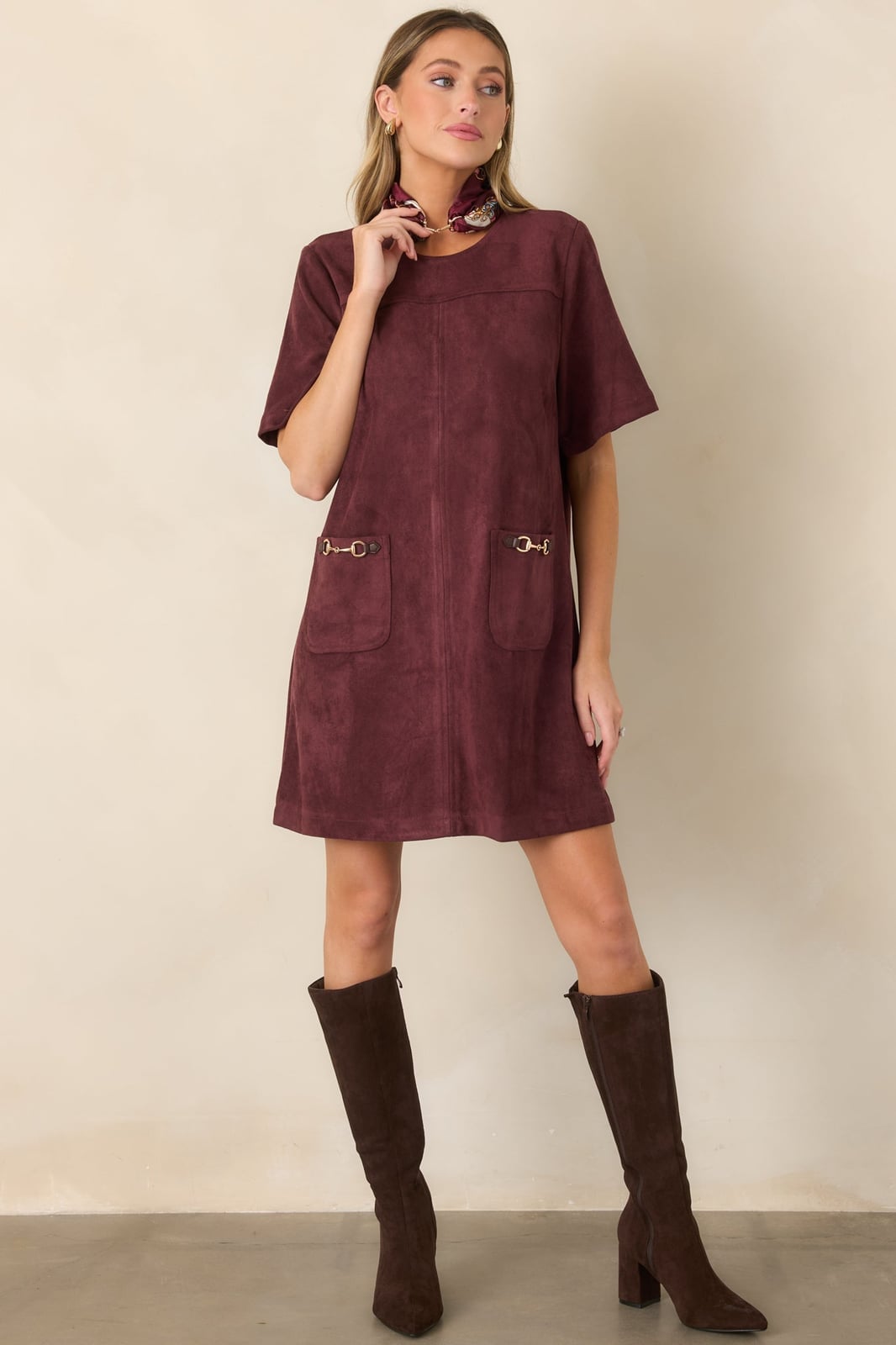 Burgundy A-Line Dress with Suede-Like Texture — Trendy Burgundy Dress Outfit