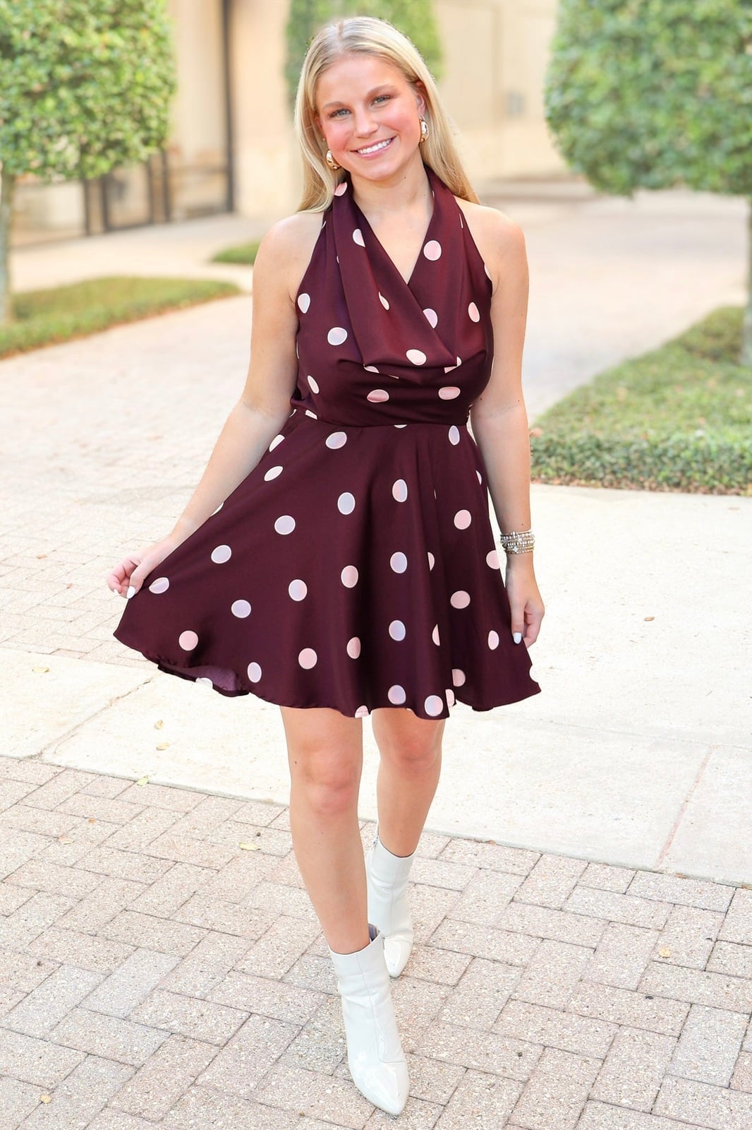 Burgundy Mini Dress with Pink Polka Dot Pattern — Trendy Burgundy Dress Outfit