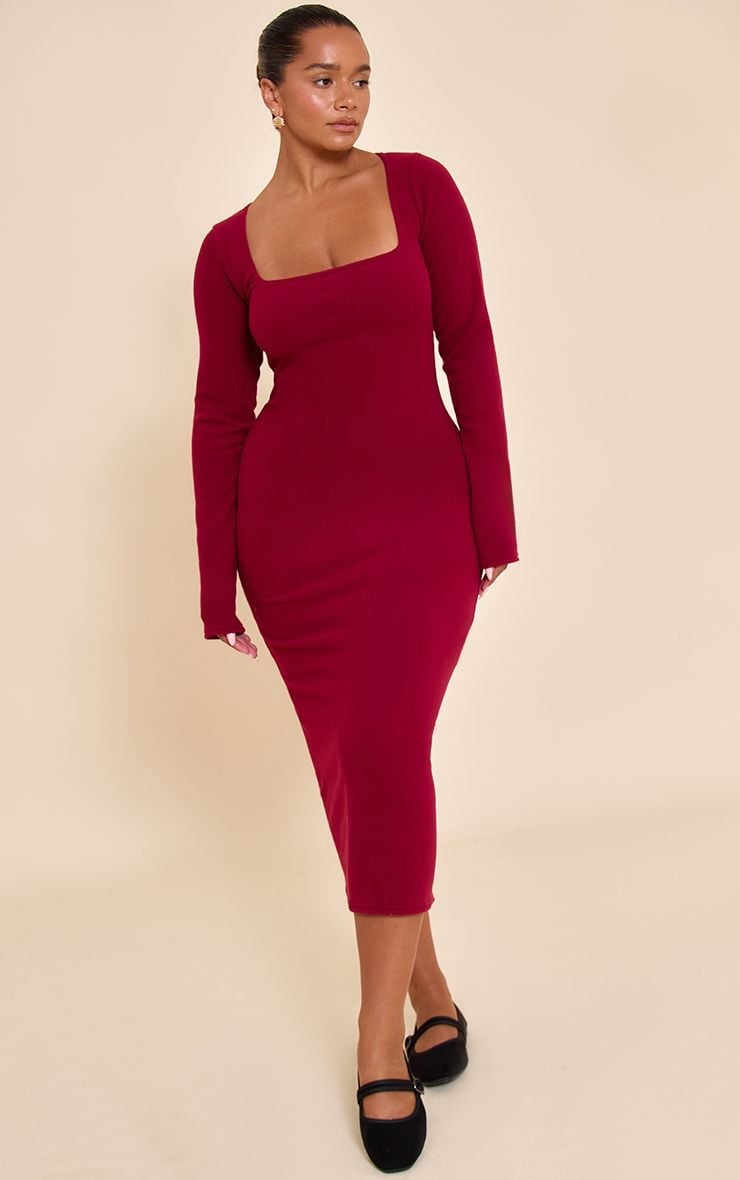 Burgundy Long-Sleeve Midi Dress with Square Neckline — Trendy Burgundy Dress Outfit