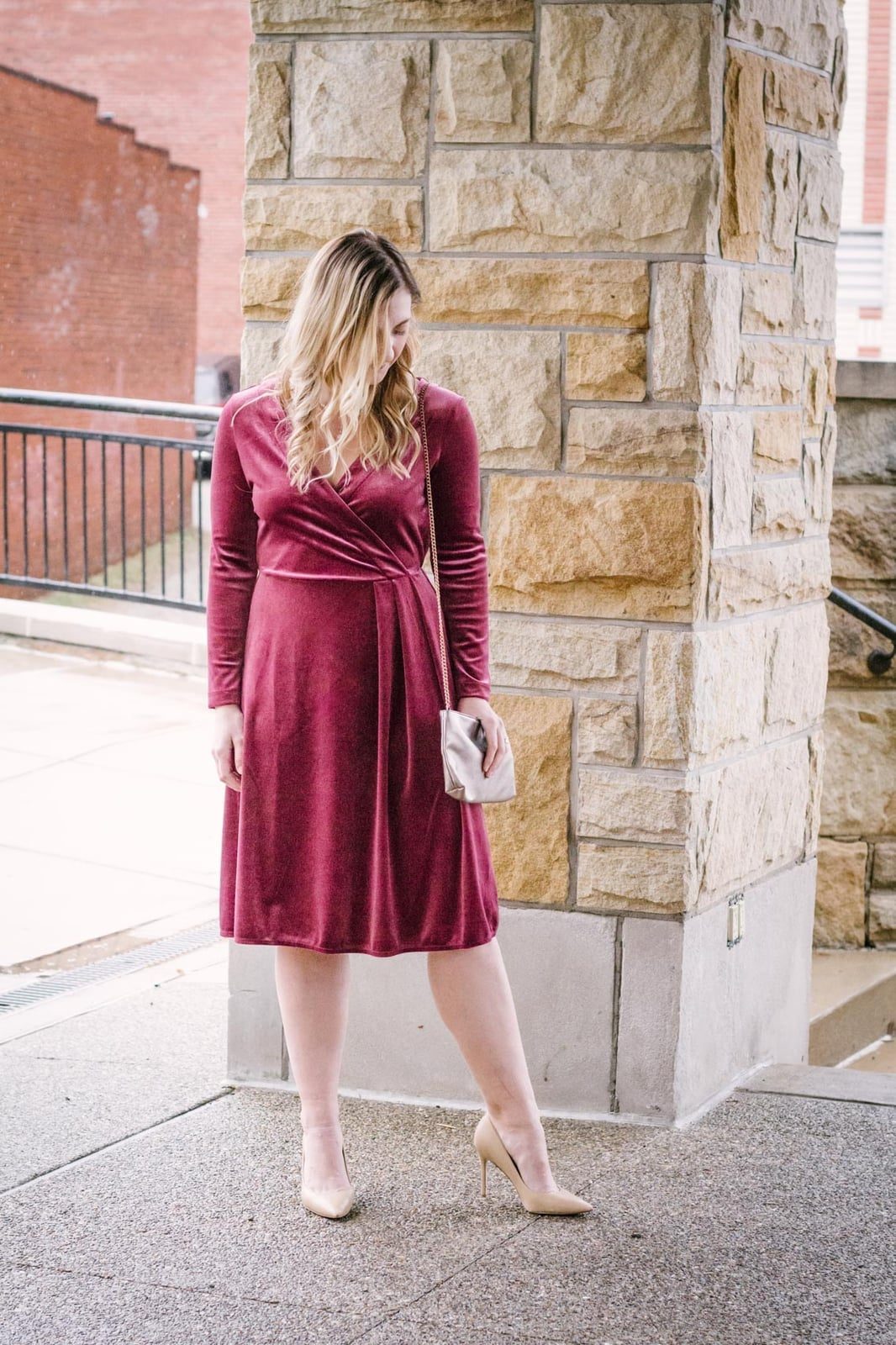 Burgundy Velvet Wrap Dress with A-Line Silhouette — Trendy Burgundy Dress Outfit