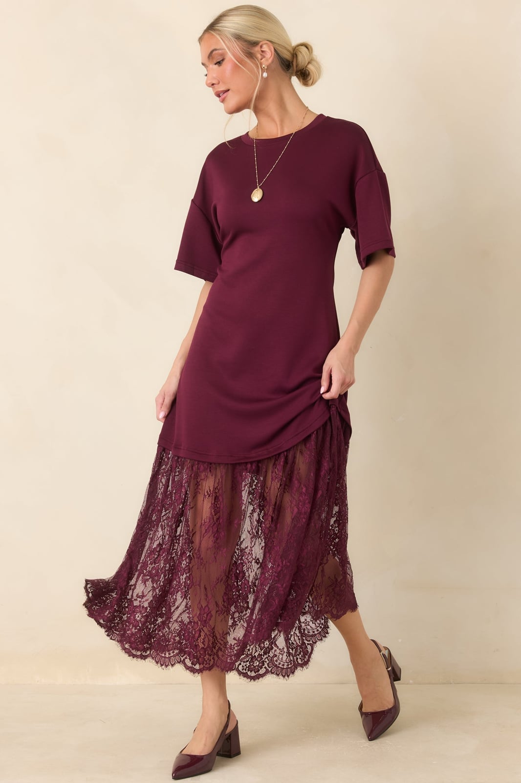 Burgundy Shift Dress with Contrasting Lace Hem — Trendy Burgundy Dress Outfit