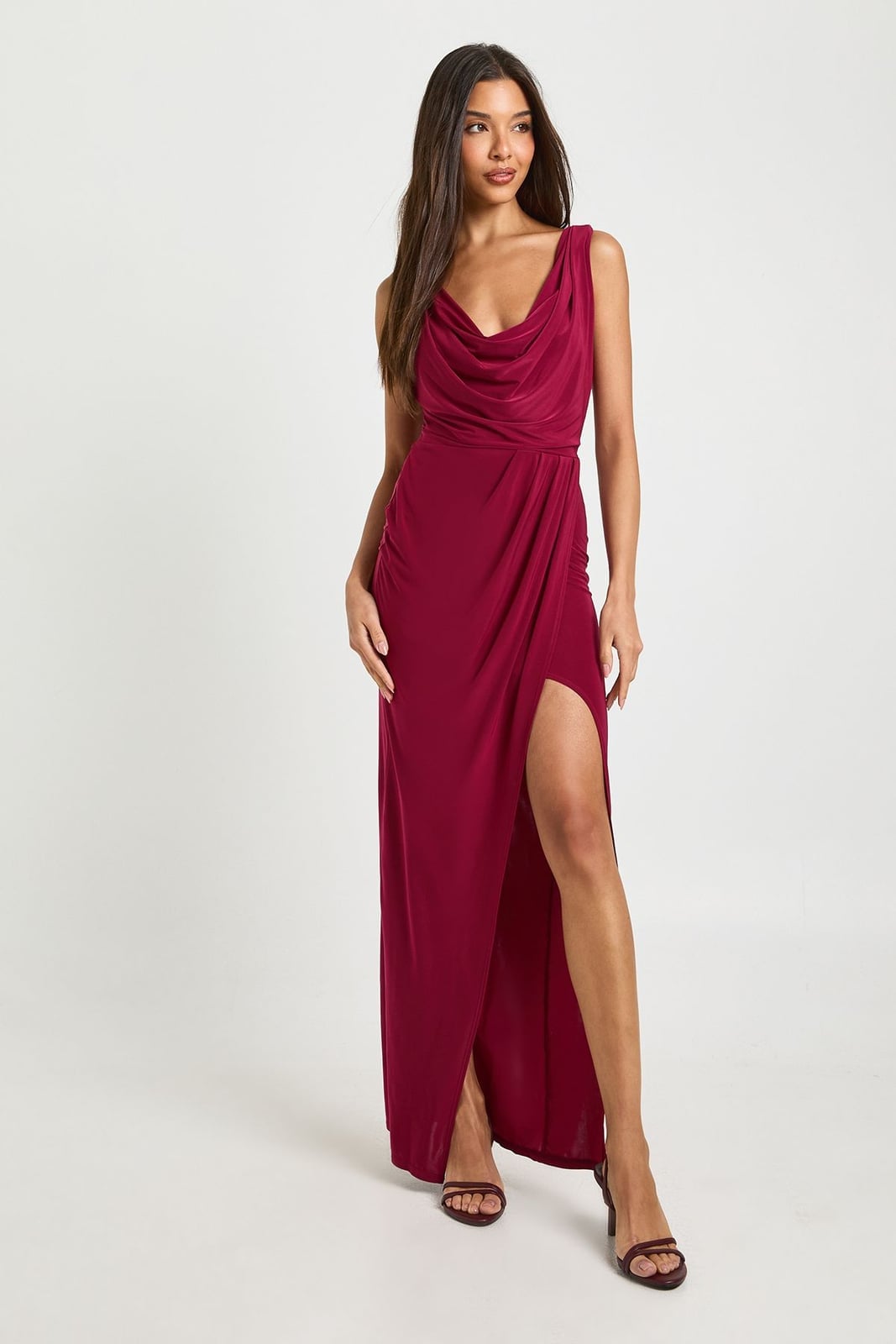 Burgundy Jersey Maxi Dress with Draped Neckline — Trendy Burgundy Dress Outfit