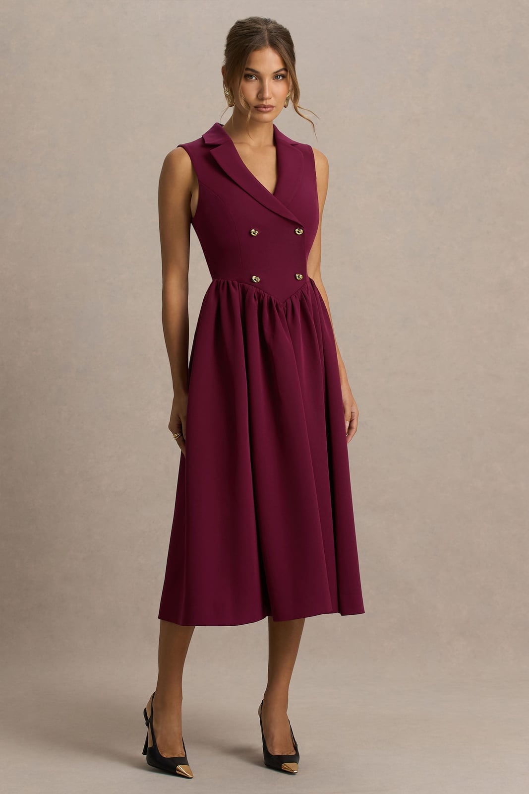 Burgundy Sleeveless Collared Dress with Pleated Skirt — Trendy Burgundy Dress Outfit