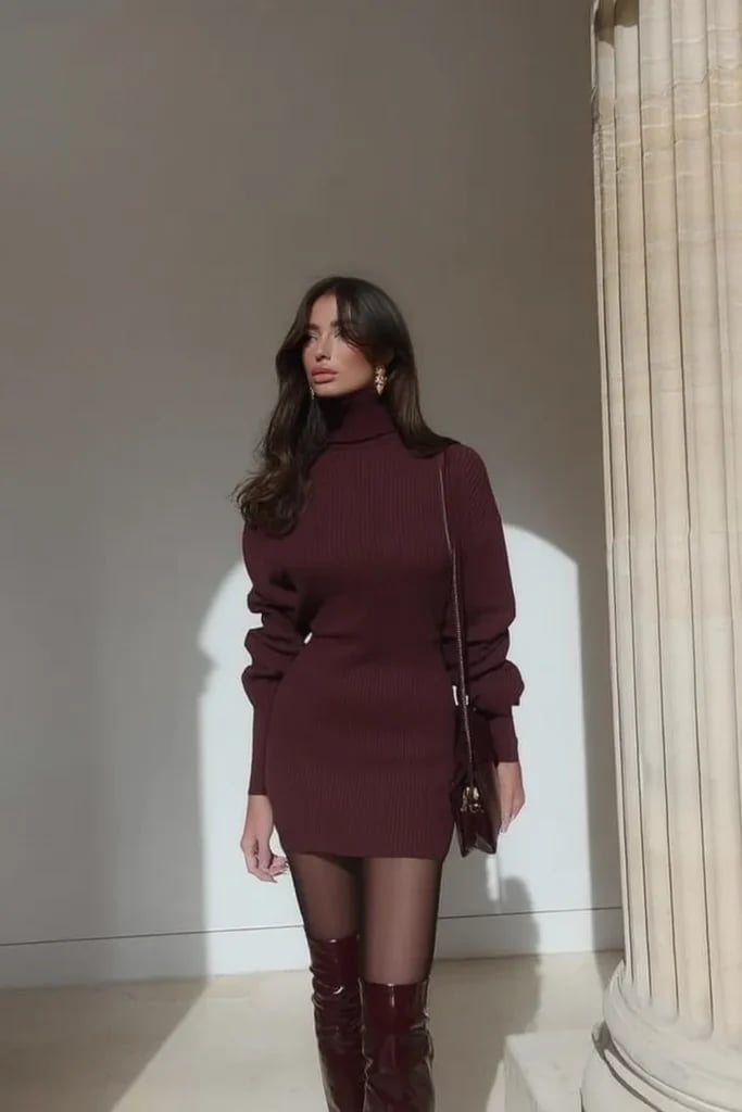 Fitted Burgundy Turtleneck Mini Dress with Voluminous Sleeves — Trendy Burgundy Dress Outfit