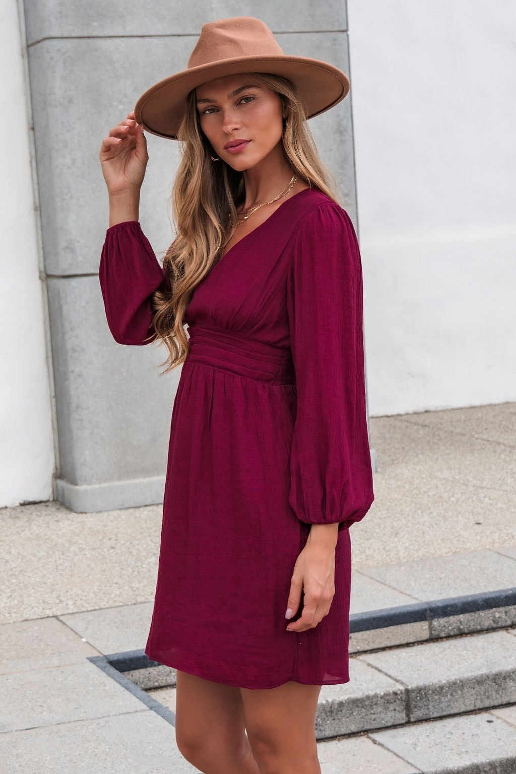 Burgundy Textured Weave Mini Dress with Balloon Sleeves — Trendy Burgundy Dress Outfit