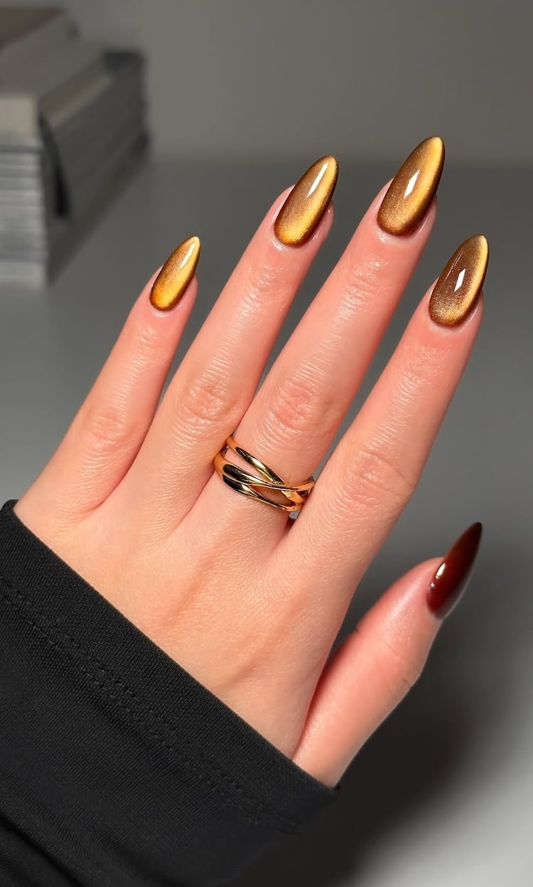 Golden Amber Cat Eye Autumn Nails : Cozy & Radiant Fall Nail Art