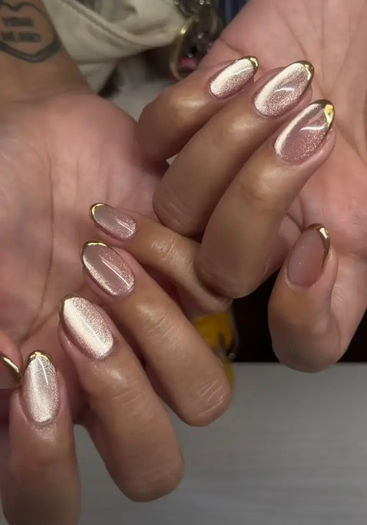 Gold French Tip Sheer Nude Cat Eye — Trendy Cat Eye Nail Art