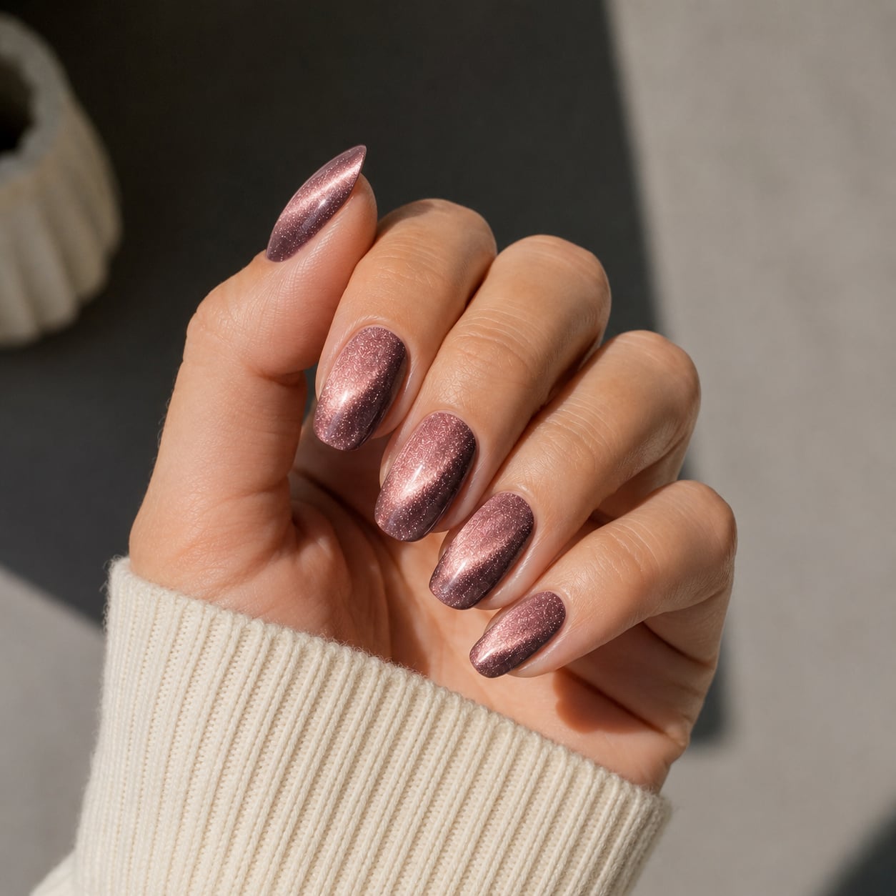 Rose Gold Brown Undertone Medium Oval — Trendy Cat Eye Nail Art