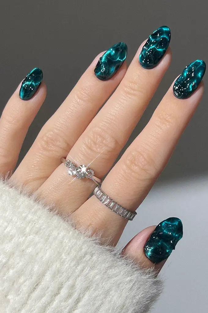 Deep Teal Swirling Watery Cat Eye — Trendy Cat Eye Nail Art