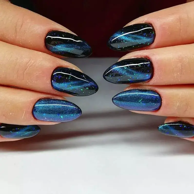 Dark Blue Teal Silver Shift Short Almond — Trendy Cat Eye Nail Art