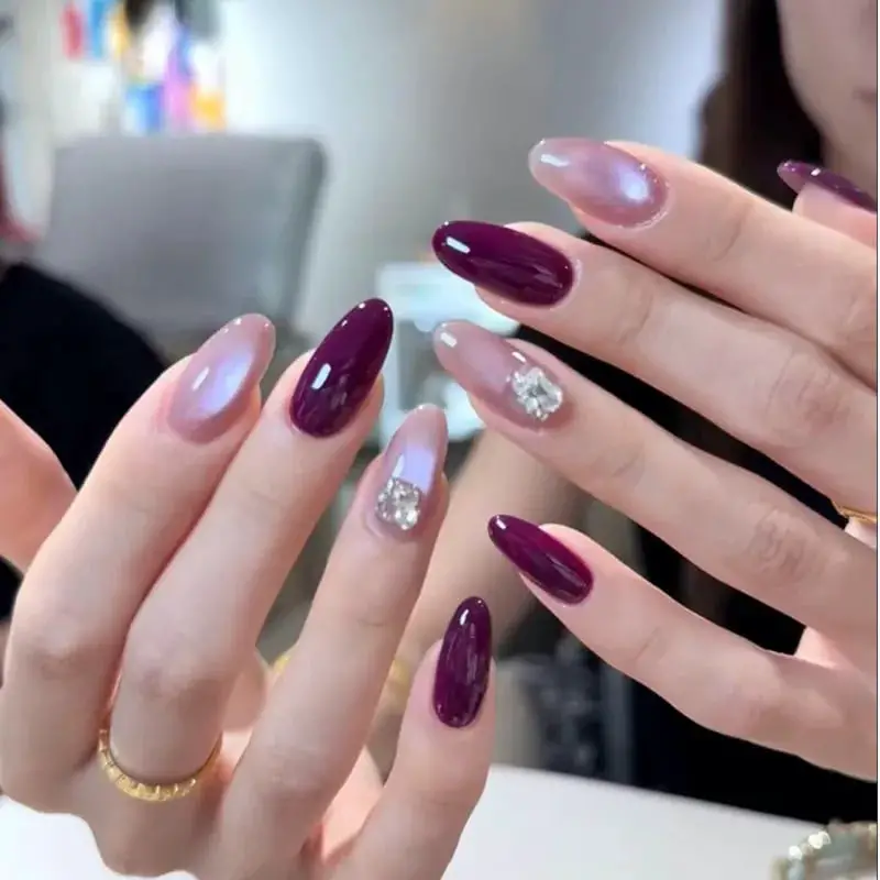 Dual Color Deep Plum Pink Rhinestone Accents — Trendy Cat Eye Nail Art