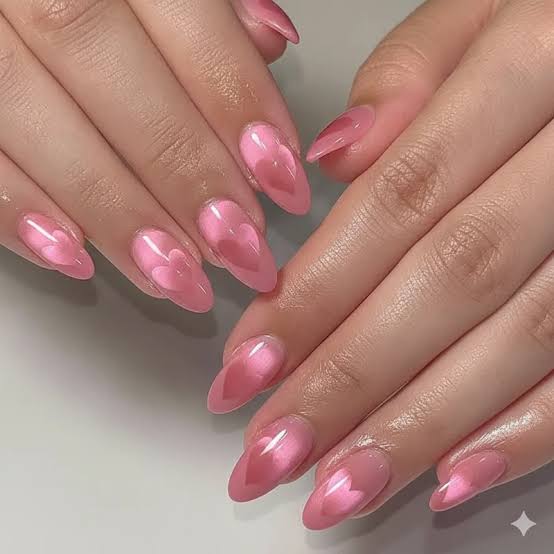 Soft Pink Heart Gradient Cat Eye — Trendy Cat Eye Nail Art