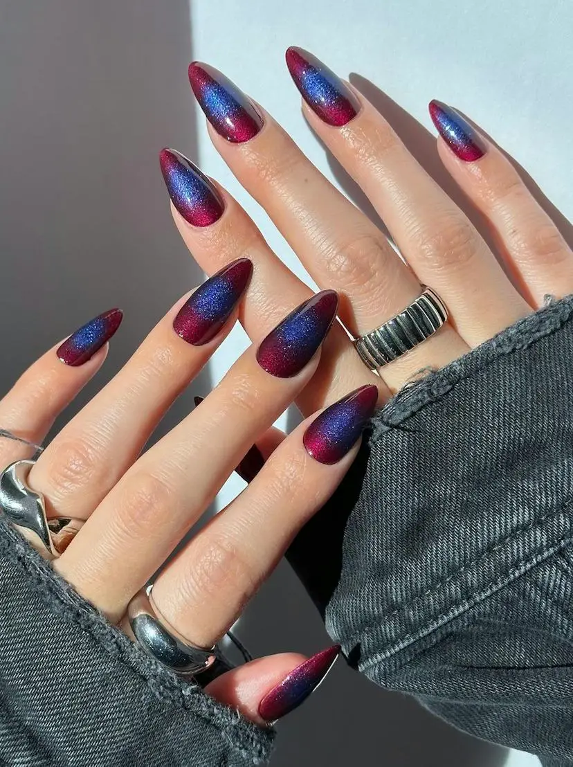 Red Blue Gradient Stiletto Cat Eye — Trendy Cat Eye Nail Art