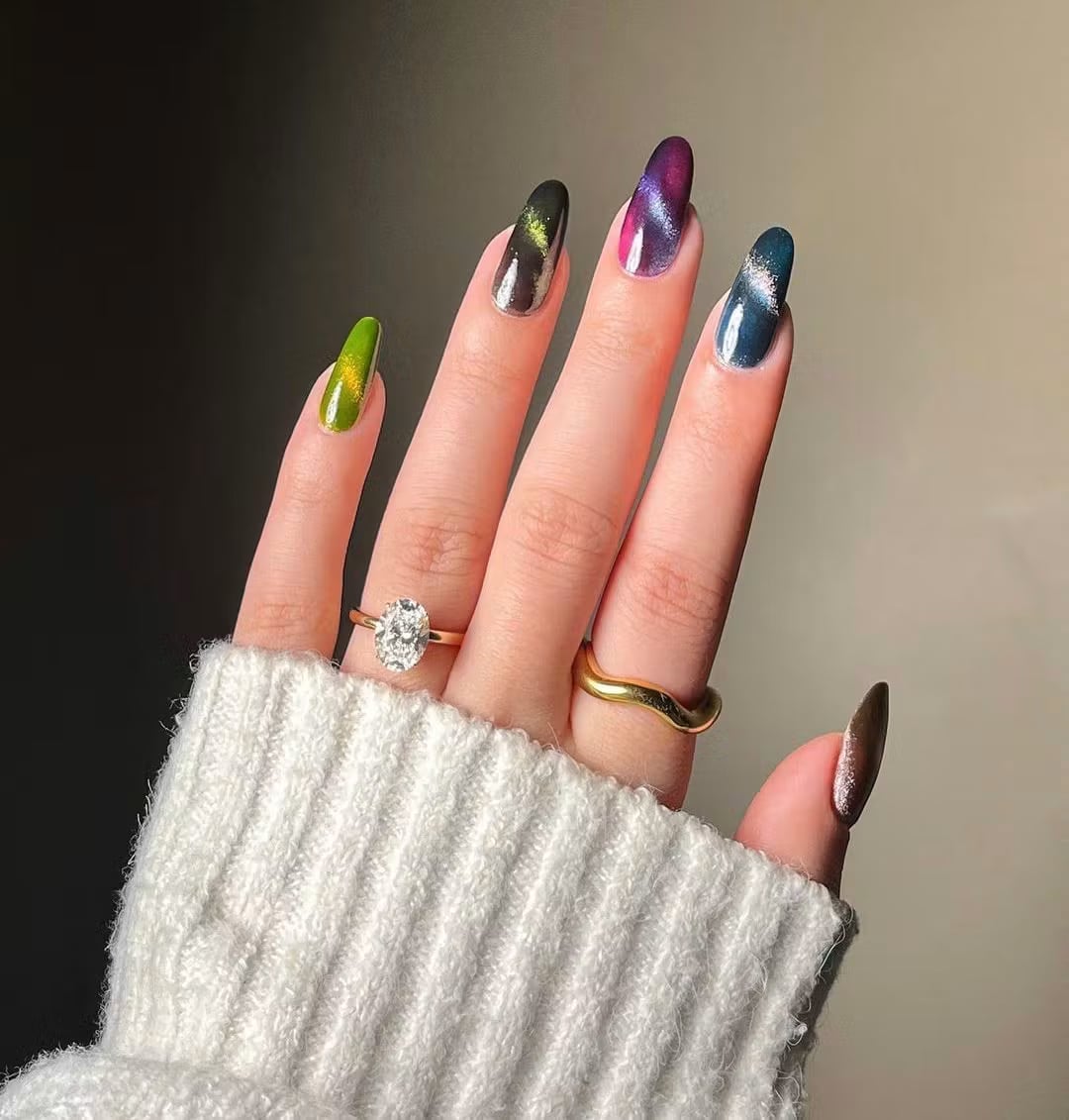 Multi-Color Variety Long Almond Cat Eye — Trendy Cat Eye Nail Art