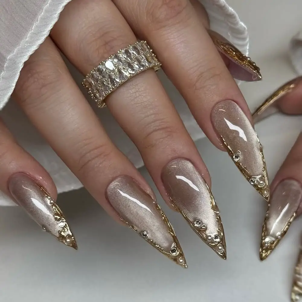 Champagne Gold Chain Trim Long Sharp — Trendy Cat Eye Nail Art