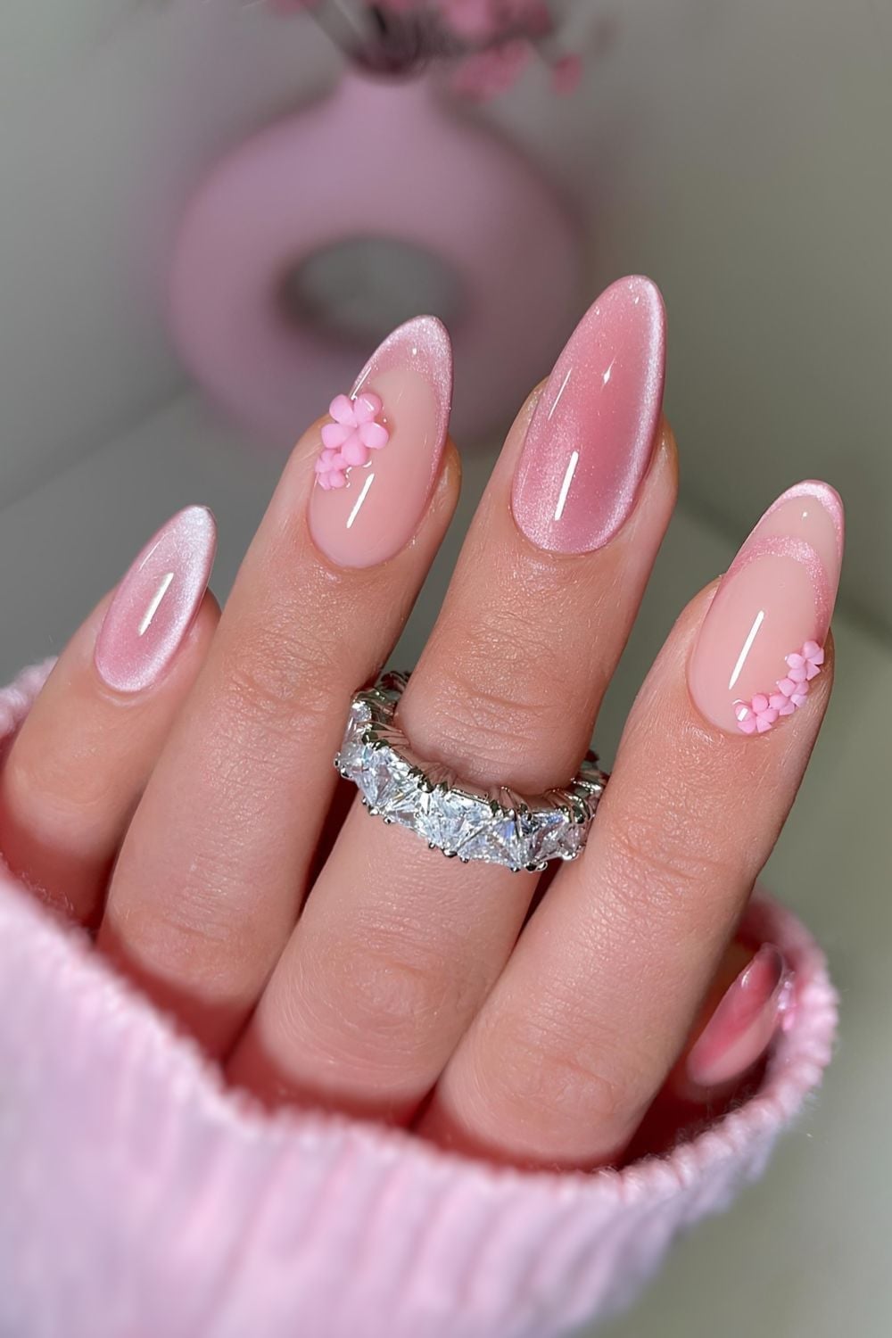 Shimmering Pink Floral Accents Cat Eye — Trendy Cat Eye Nail Art