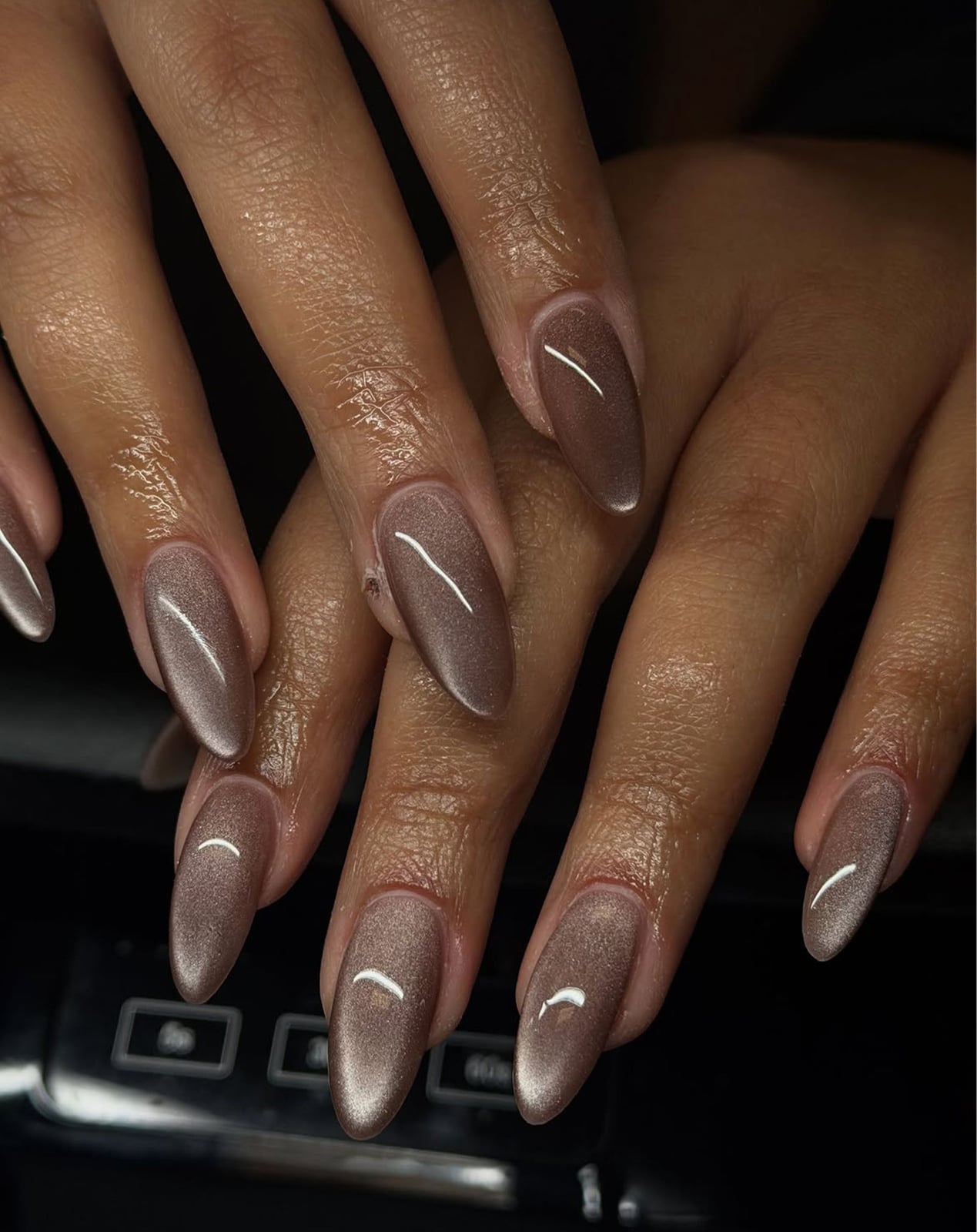 Shimmering Taupe Cat Eye Almond — Trendy Cat Eye Nail Art