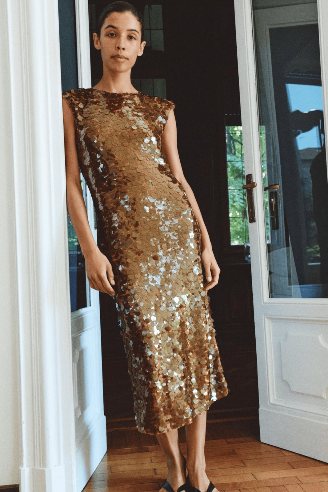 Gold Sequin Midi Dress with Straight Silhouette Gold Sequin Midi Dress with Straight Silhouette — Trendy Cocktail Dresses