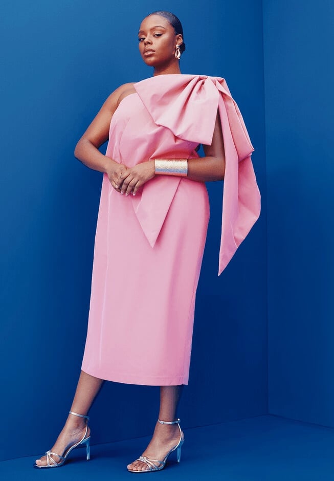 Pink One-Shoulder Midi Dress with Oversized Bow Pink One-Shoulder Midi Dress with Oversized Bow — Trendy Cocktail Dresses