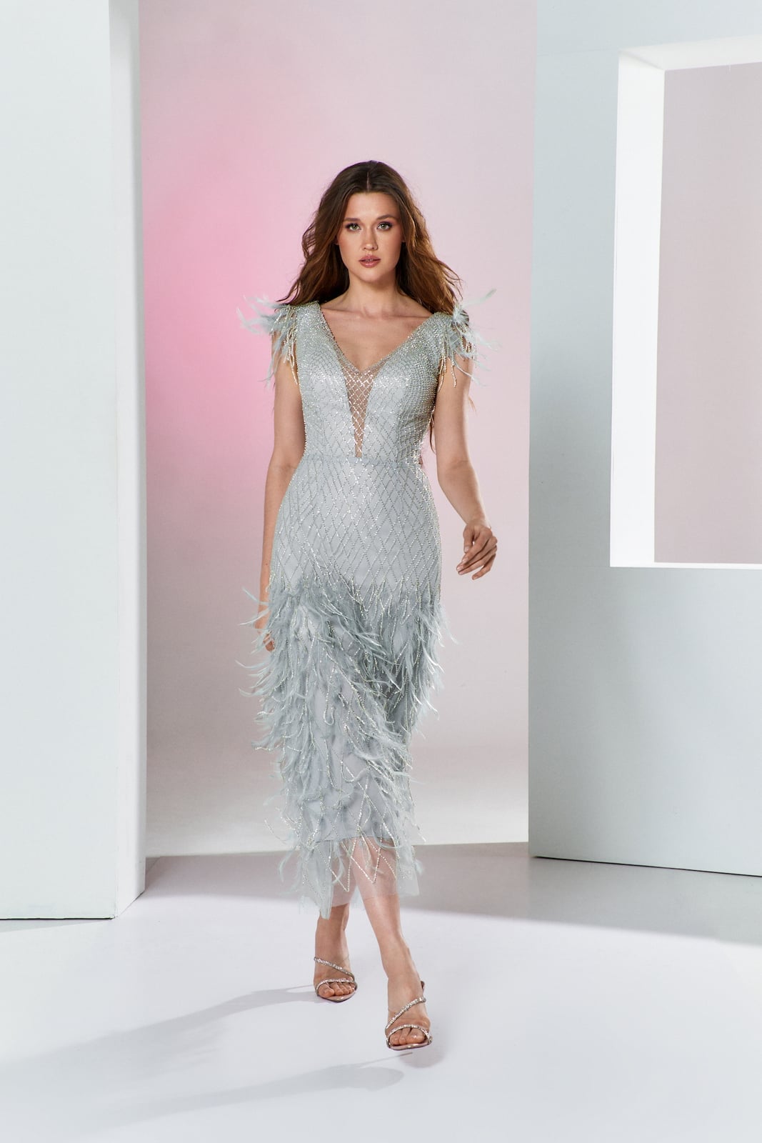 Silver Sleeveless Dress with Beadwork and Feathered Hem Silver Sleeveless Dress with Beadwork and Feathered Hem — Trendy Cocktail Dresses