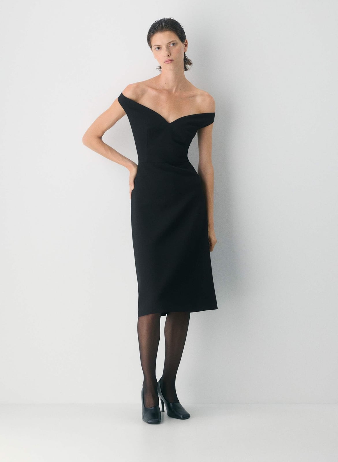 Black Off-The-Shoulder Midi Dress Black Off-The-Shoulder Midi Dress — Trendy Cocktail Dresses