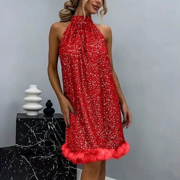 Red Sequined Halter Neck Mini Dress with Fur Trim Red Sequined Halter Neck Mini Dress with Fur Trim — Trendy Cocktail Dresses