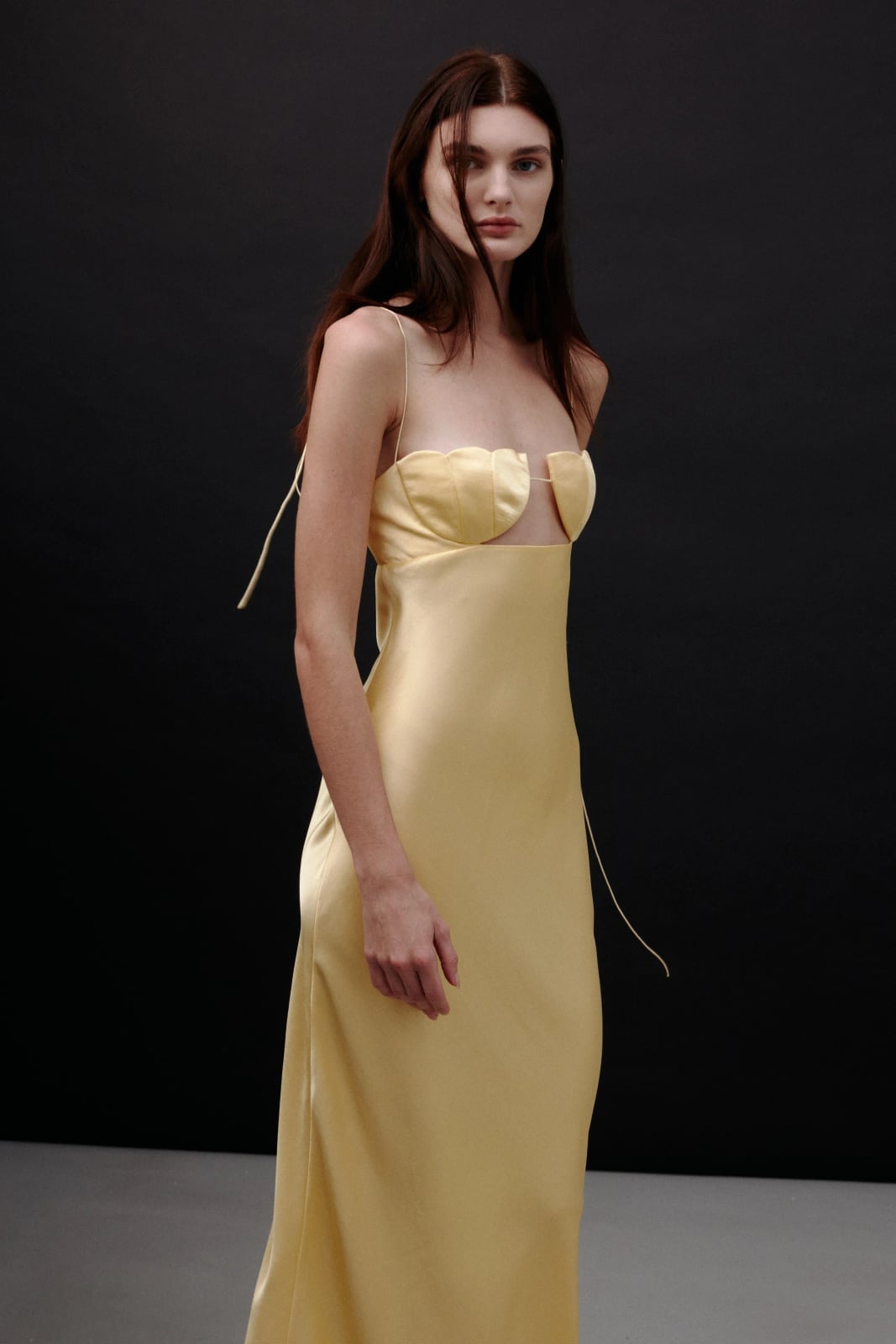Pale Yellow Satin Slip Dress with Plunging, Office-Safe Version Pale Yellow Satin Slip Dress with Plunging, Office-Safe Version — Trendy Cocktail Dresses