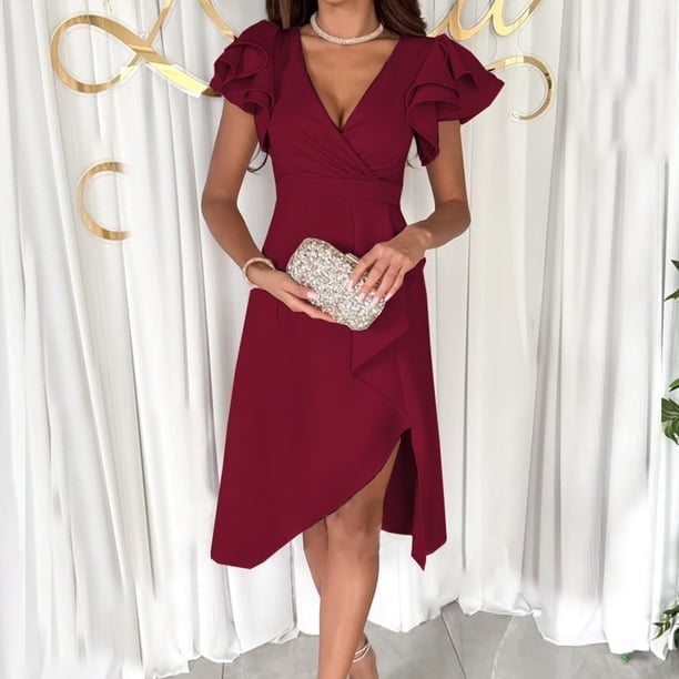 Burgundy Wrap Dress with Ruffle Sleeves and Pointed Toe Heels Burgundy Wrap Dress with Ruffle Sleeves and Pointed Toe Heels — Trendy Cocktail Dresses