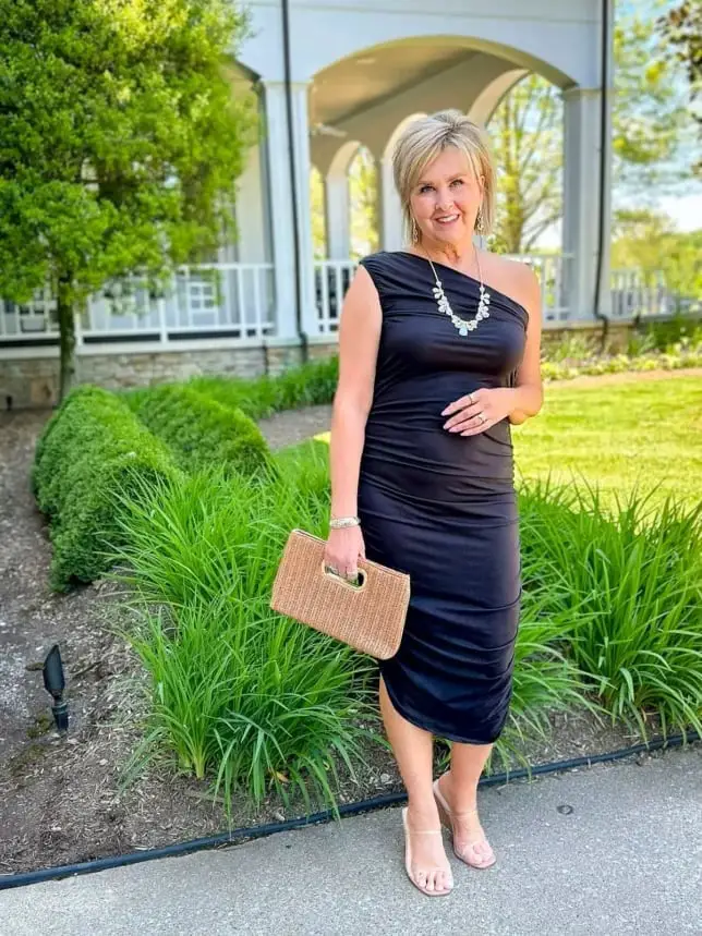 Black One-Shoulder Ruched Midi Dress Black One-Shoulder Ruched Midi Dress — Trendy Cocktail Dresses
