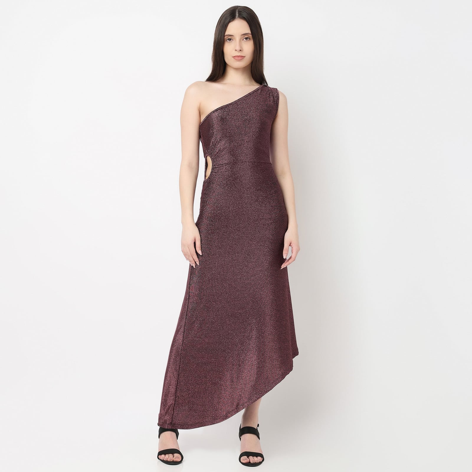 Metallic Purple-Pink One-Shoulder Dress with Waist Cut-Out Metallic Purple-Pink One-Shoulder Dress with Waist Cut-Out — Trendy Cocktail Dresses