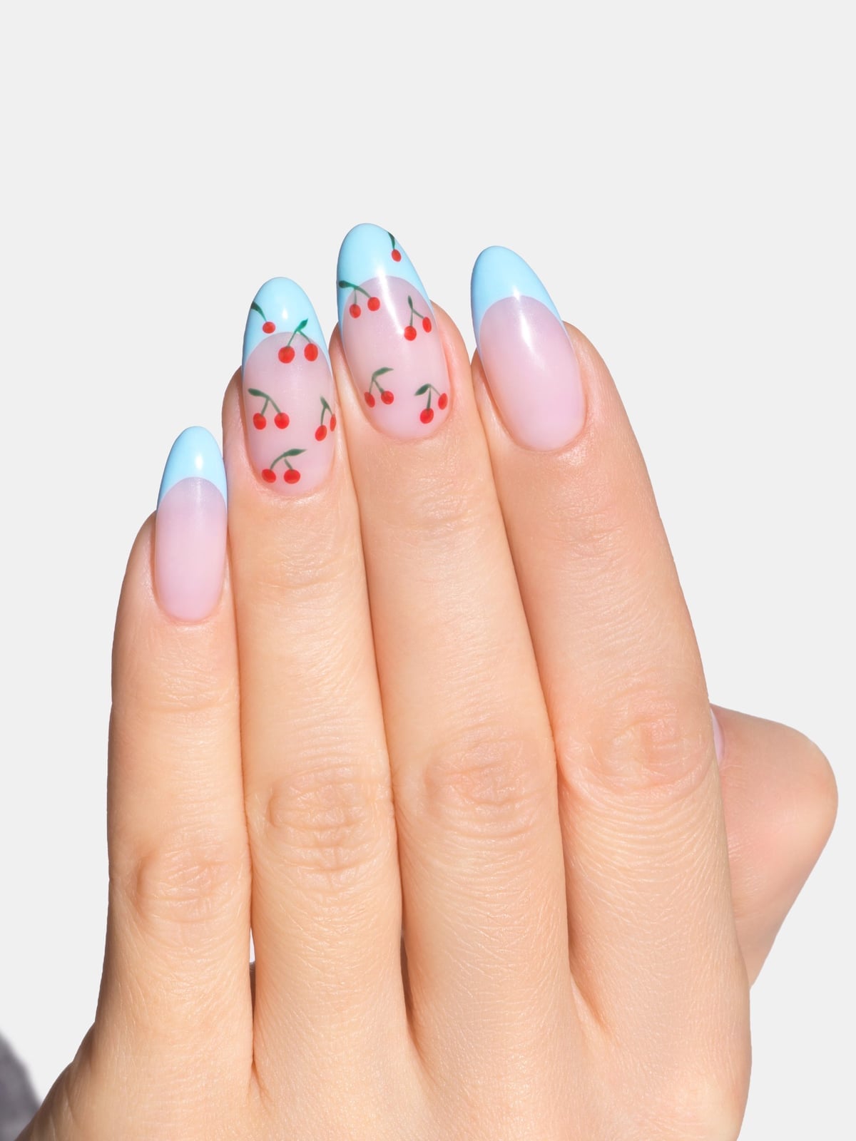 Medium Almond French Tip Cherry Accent Nails Medium Almond French Tip Cherry Accent Nails — Trendy Colorful Nails