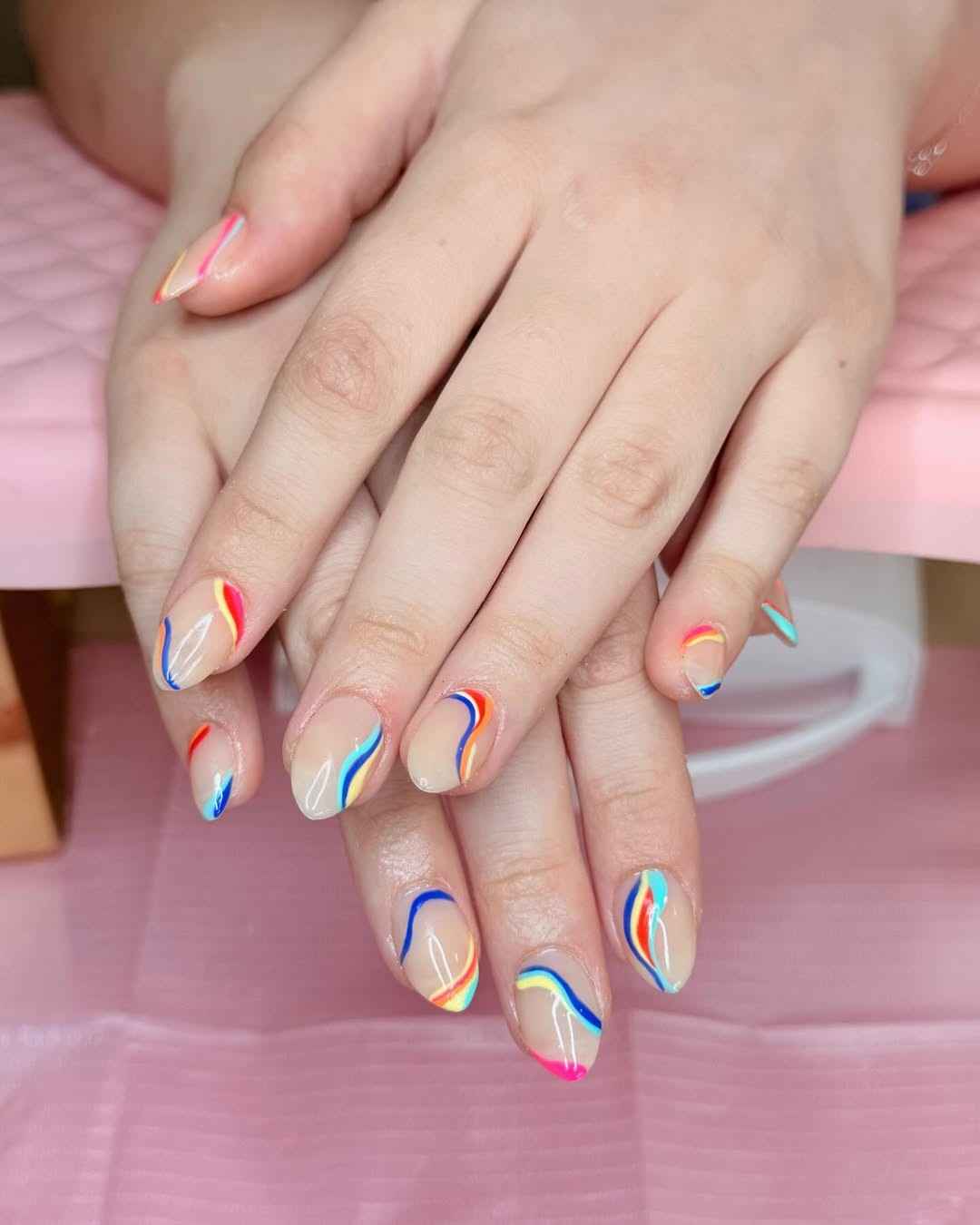 Medium Almond Sheer Nude Rainbow Wavy Lines Medium Almond Sheer Nude Rainbow Wavy Lines — Trendy Colorful Nails