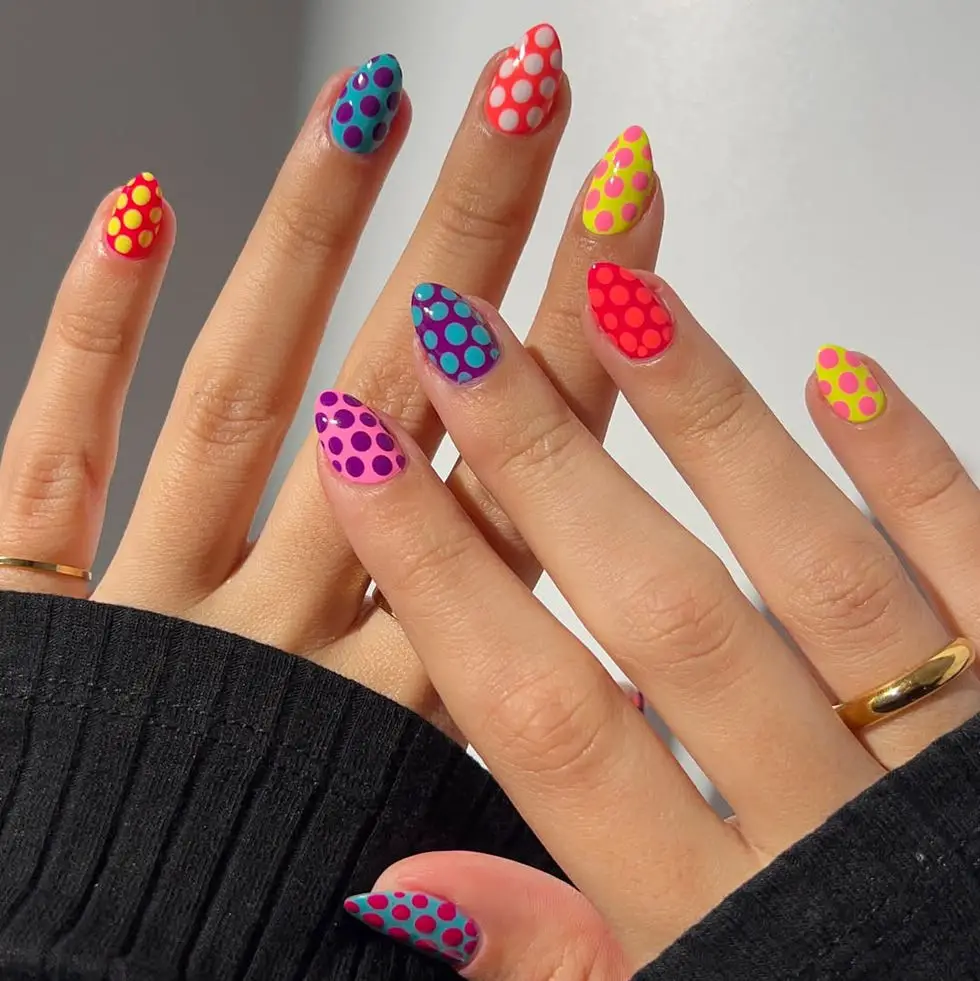 Short Almond Neon Polka Dot Nails Short Almond Neon Polka Dot Nails — Trendy Colorful Nails