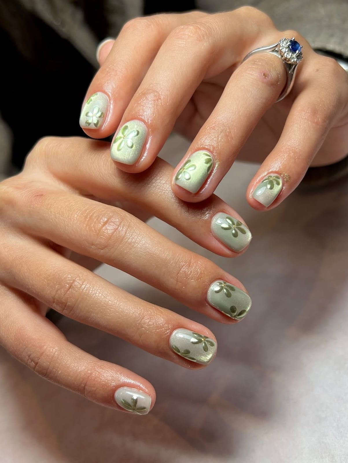Short Square Sage Green Cat Eye Nails, Close-Up Take Short Square Sage Green Cat Eye Nails, Close-Up Take — Trendy Colorful Nails
