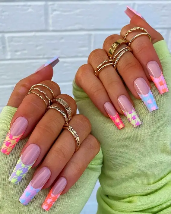 Long Coffin Pastel Houndstooth French Tips Long Coffin Pastel Houndstooth French Tips — Trendy Colorful Nails