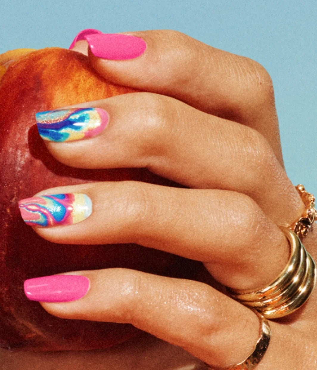 Medium Almond Abstract Swirl Pink Blue Yellow Nails Medium Almond Abstract Swirl Pink Blue Yellow Nails — Trendy Colorful Nails