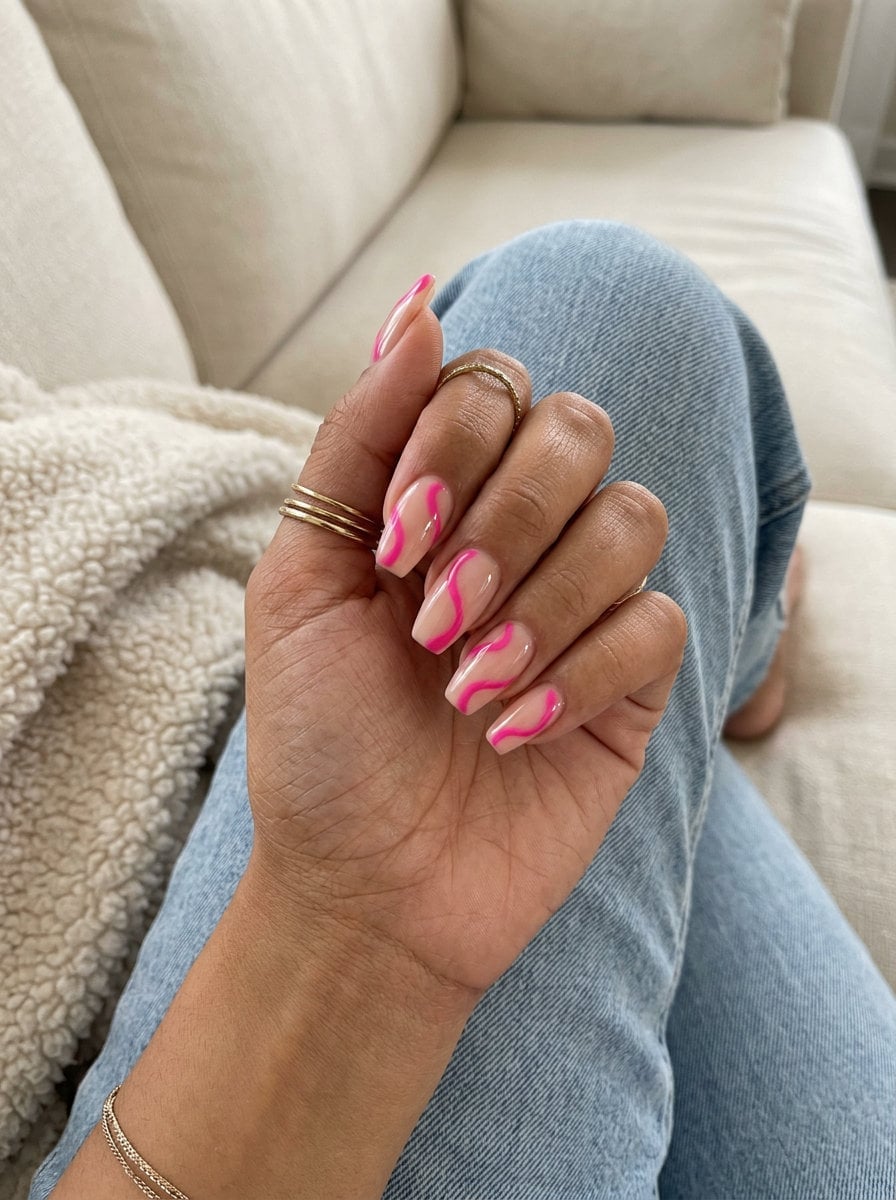 Medium Soft Square Nude Pink Wavy Lines Nails Medium Soft Square Nude Pink Wavy Lines Nails — Trendy Colorful Nails