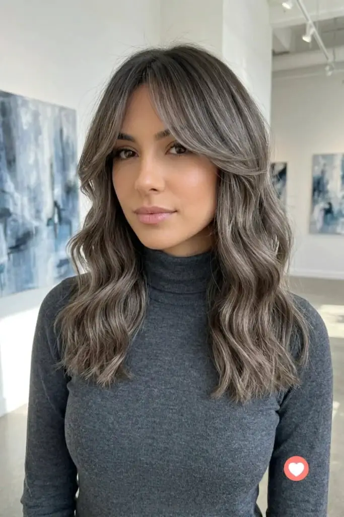 Collarbone Ash Brown With Grayish Highlights and Curtain Bangs Collarbone Ash Brown With Grayish Highlights and Curtain Bangs — Trendy Cool Brown Hair