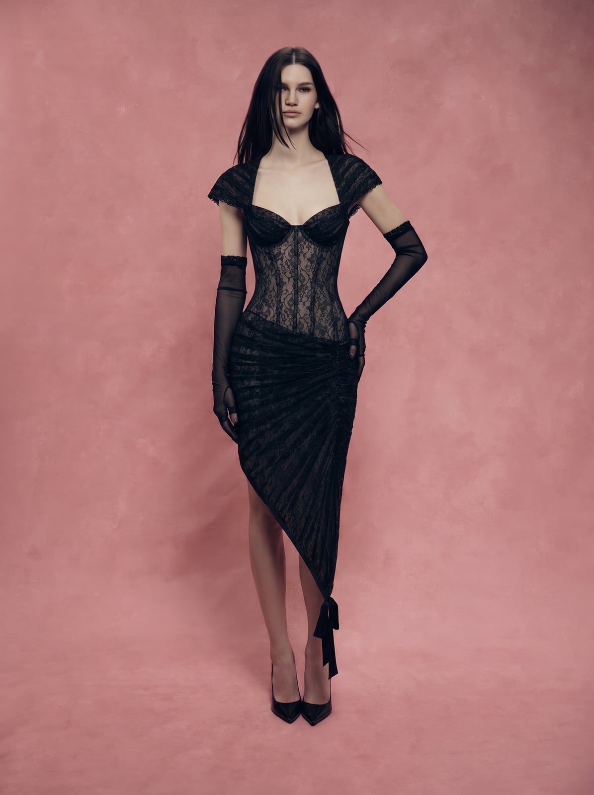 Black Lace Corset Dress with Dramatic Draped Skirt Black Lace Corset Dress with Dramatic Draped Skirt — Trendy Corset Dresses