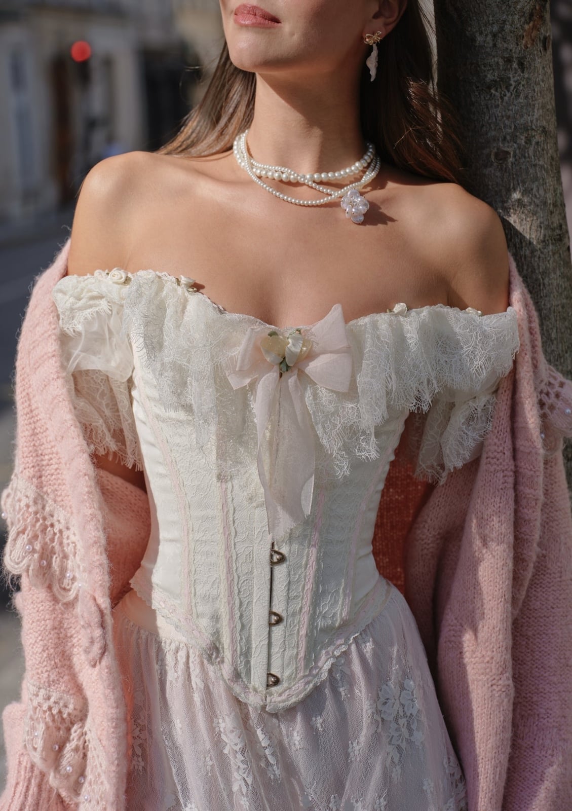 Lace Corset With Cardigan And Pearls — Trendy Corset Outfits
