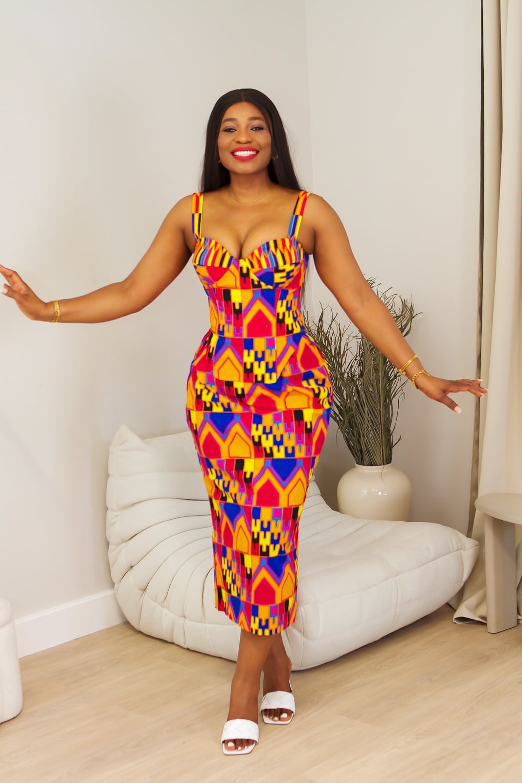 African Print Corset Dress With White Open-Toe Heels — Trendy Corset Outfits