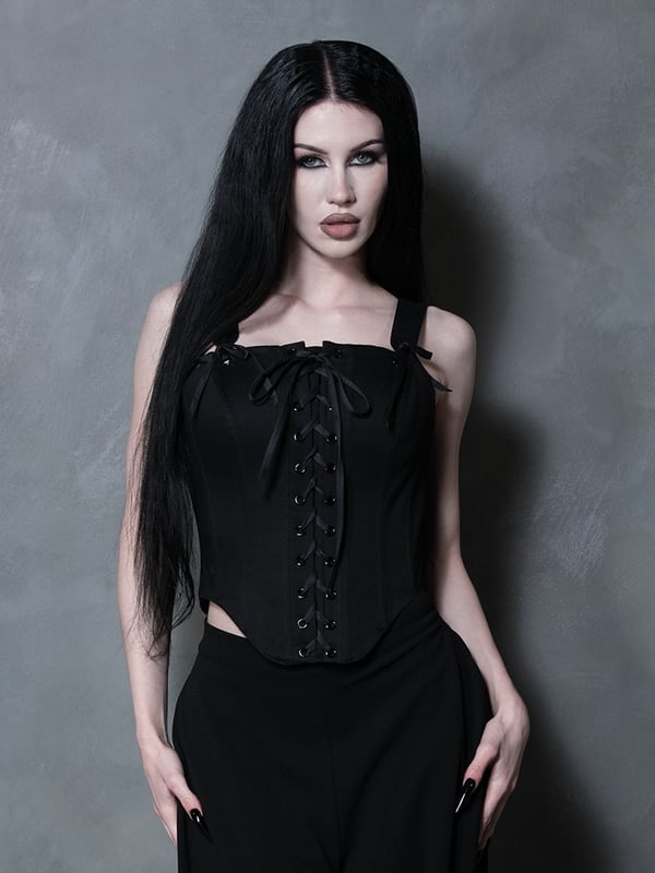 Black Lace-Up Corset With Ribbon Ties, Office-Safe Version — Trendy Corset Outfits
